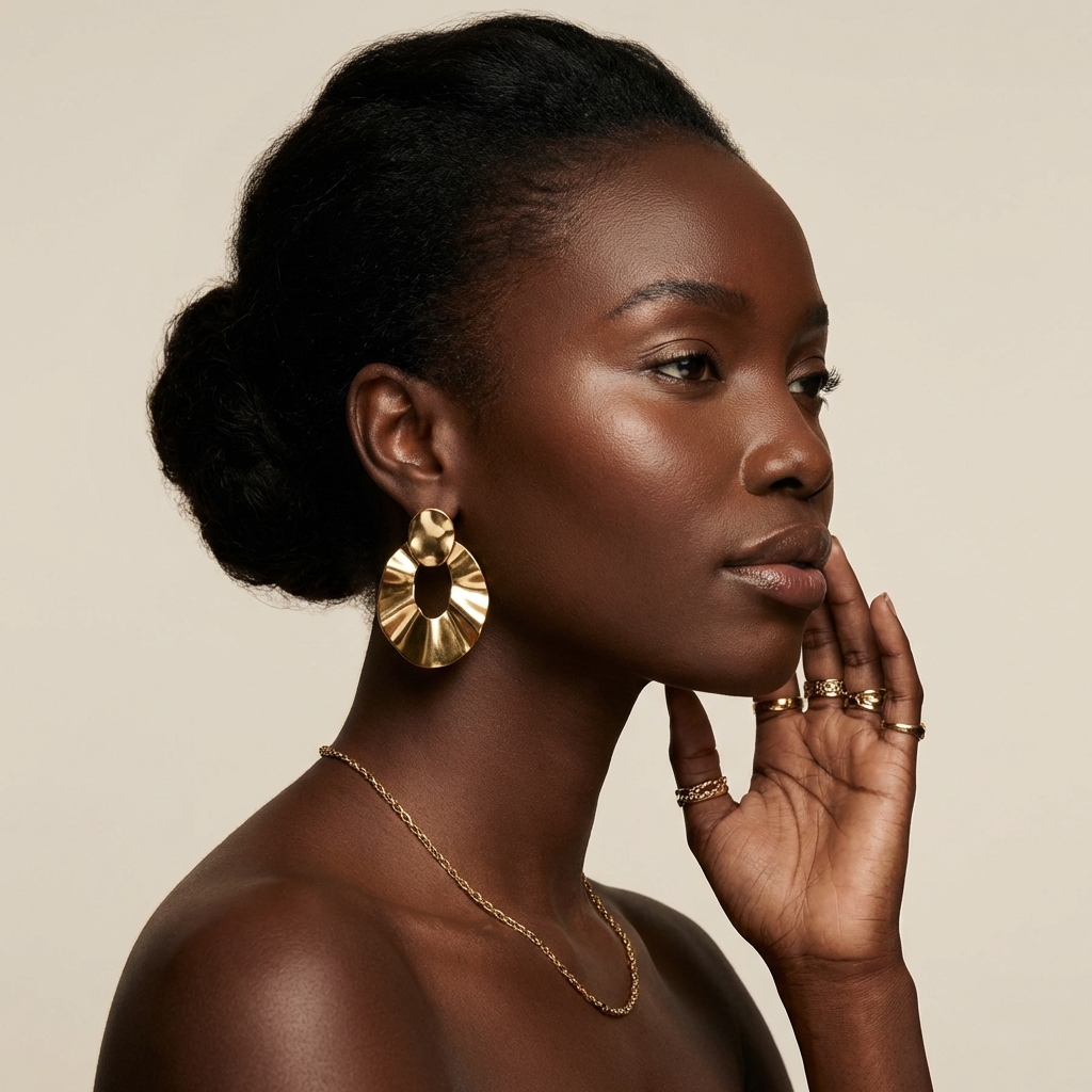 Model wearing sculptural gold earrings and stacked rings from Juri Jewelry